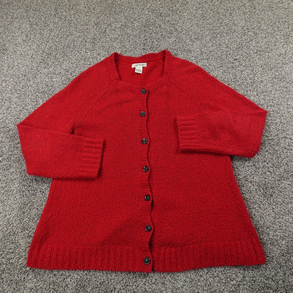 Orvis Sweater Womens L Red Button Front Cardigan Raglan Boucle Jacket Outdoor